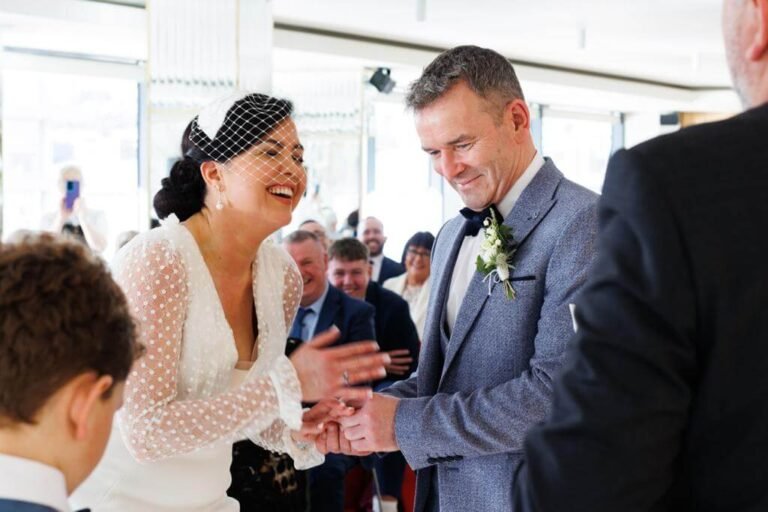 Karen and Mark laughing at cork wedding in River Lee Hotel with Cork Celebrant Brian Twomey